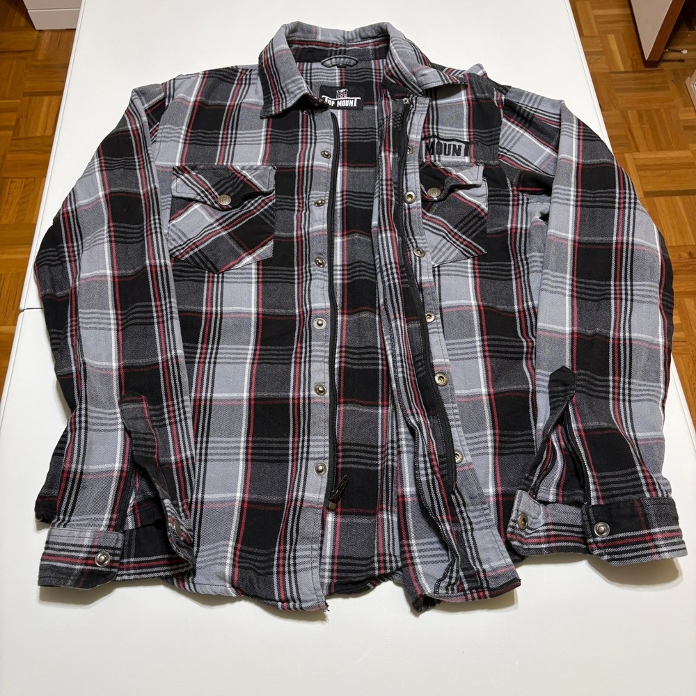 Top Mount Mens Full Zip Snap Grappler Flannel Shirt Size L Black Red Plaid Biker - Picture 10 of 16